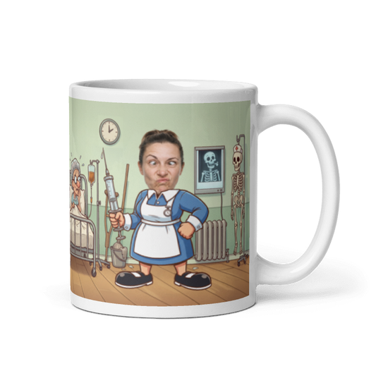 Nurse photo mug with the handle on the right, a real face printed on the cartoon nurse holding a giant syringe
