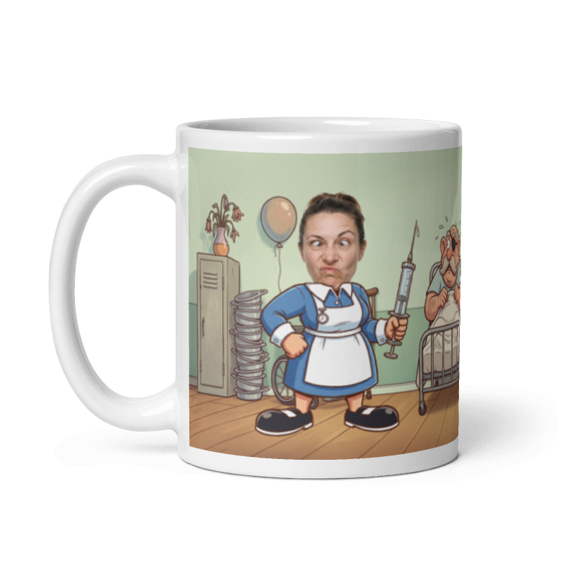 The same nurse mug with the handle on the left, the face still showing on the nurse
