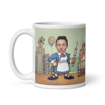 The same nurse mug with the handle on the left, the face still showing on the nurse