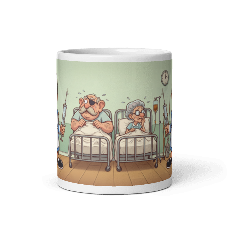 Back of the nurse mug showing the wraparound ward scene with two patients gripping their sheets