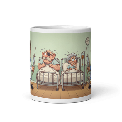 Back of the nurse mug showing the wraparound ward scene with two patients gripping their sheets