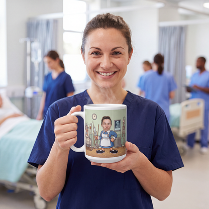Nurse in blue scrubs holding the personalized nurse photo mug on a busy hospital ward