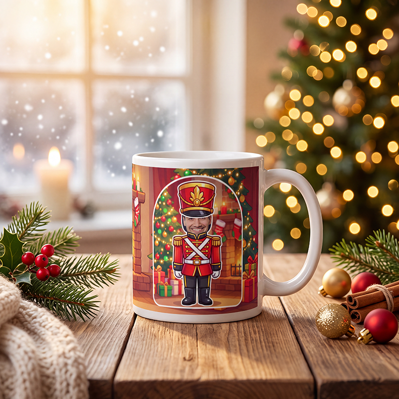 Personalized nutcracker mug on a wooden table with a lit Christmas tree and a frosted window behind