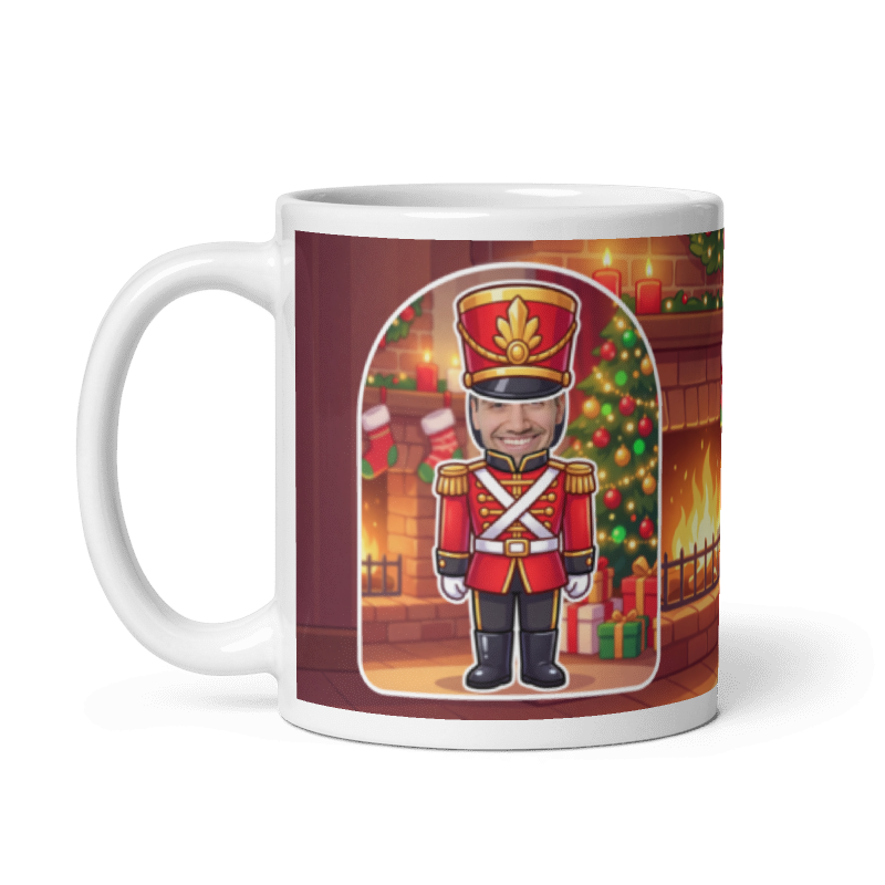 The same nutcracker mug with the handle on the left, face still showing
