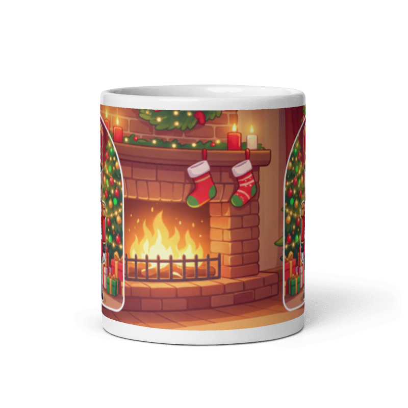 Back of the nutcracker mug showing the wraparound fireplace and stockings scene