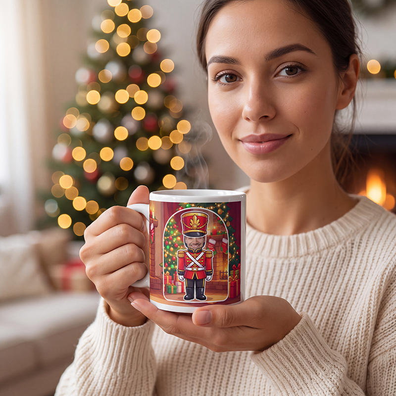 Nutcracker photo mug held in both hands to show the size