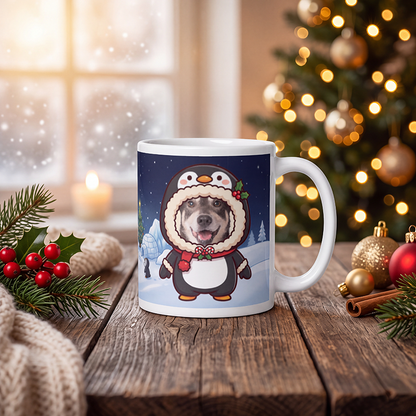 Personalized penguin mug on a wooden table with a lit Christmas tree and a frosted window behind