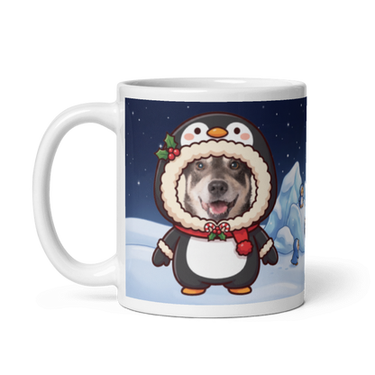 The same penguin mug with the handle on the left, the face still showing