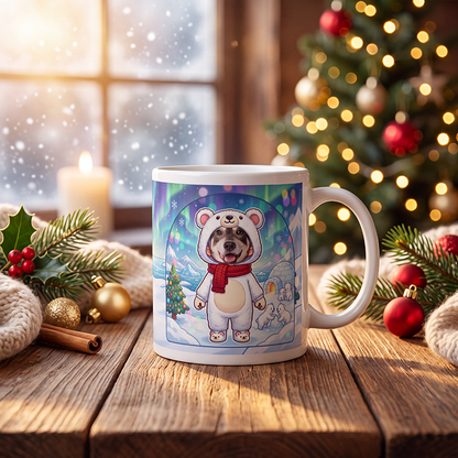 Personalized polar bear mug on a wooden table with a lit Christmas tree and a frosted window behind
