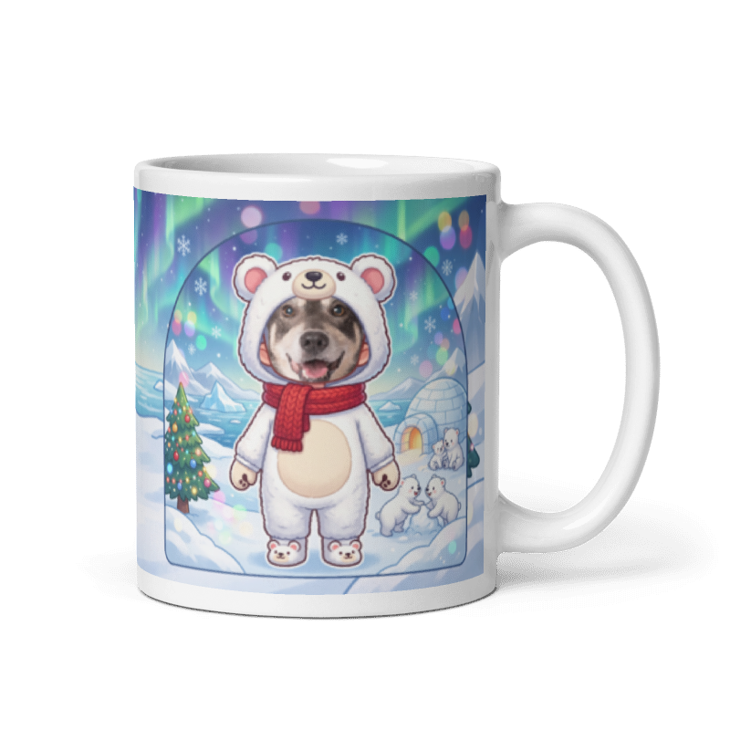 Polar bear photo mug with the handle on the right, the face printed on the front