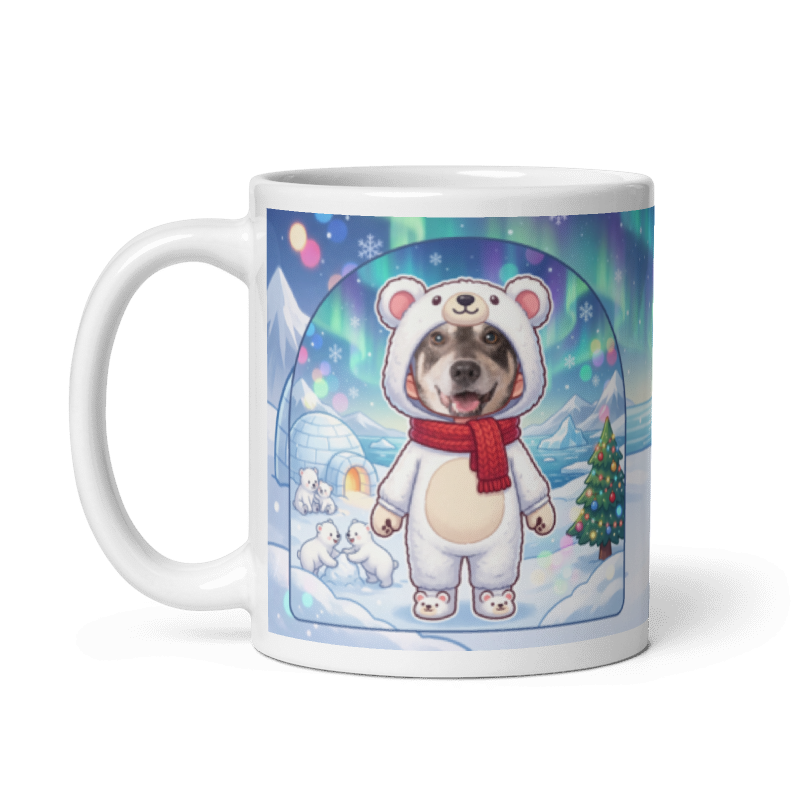 The same polar bear mug with the handle on the left, the face still showing