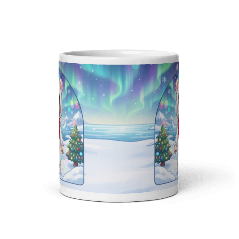 Back of the polar bear mug showing the wraparound northern lights and snow scene