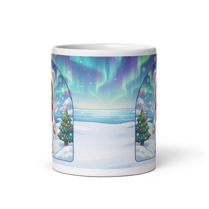 Back of the polar bear mug showing the wraparound northern lights and snow scene