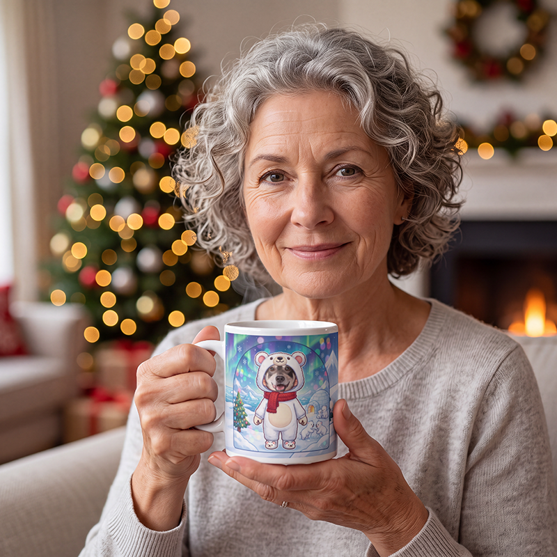 Polar bear photo mug held in both hands to show the size