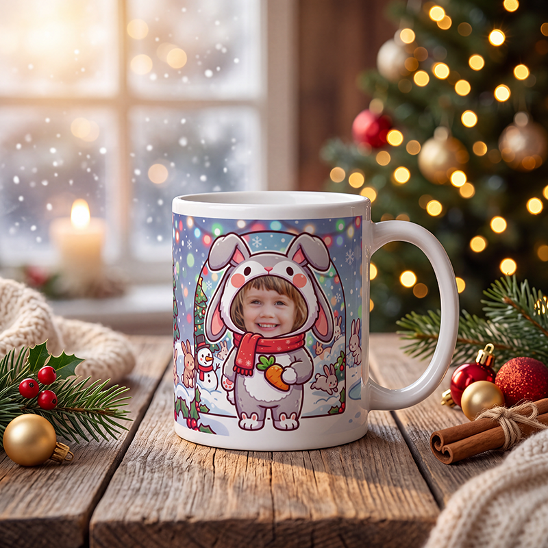 Personalized rabbit mug on a wooden table with a lit Christmas tree and a frosted window behind