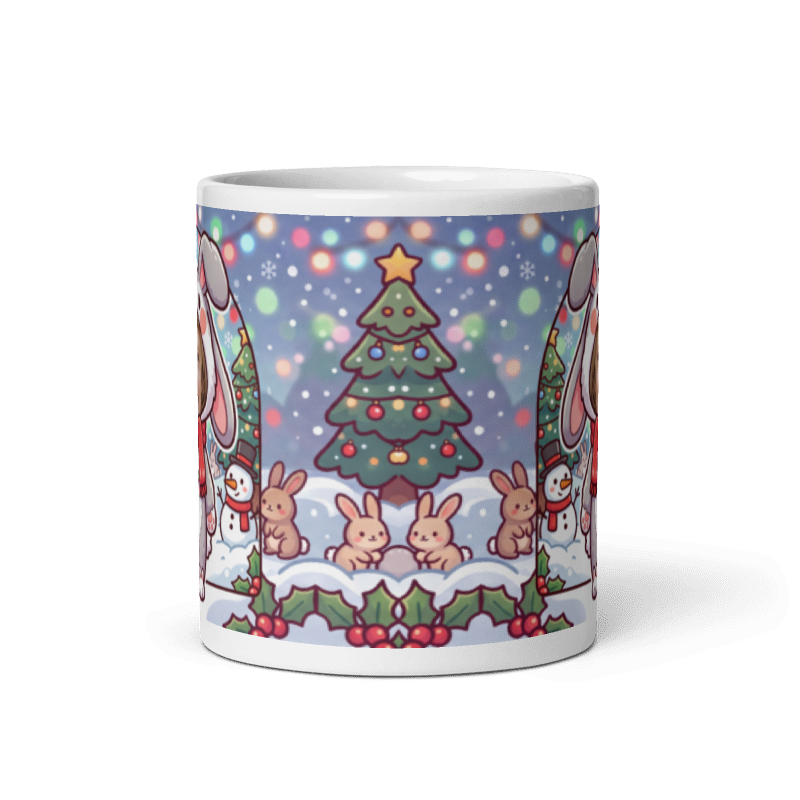 Back of the rabbit mug showing the wraparound snowy Christmas tree and rabbits scene