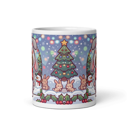 Back of the rabbit mug showing the wraparound snowy Christmas tree and rabbits scene