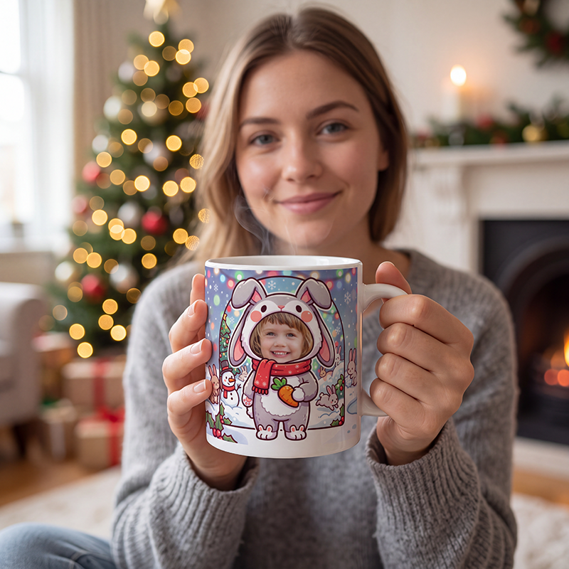 Rabbit photo mug held in both hands to show the size