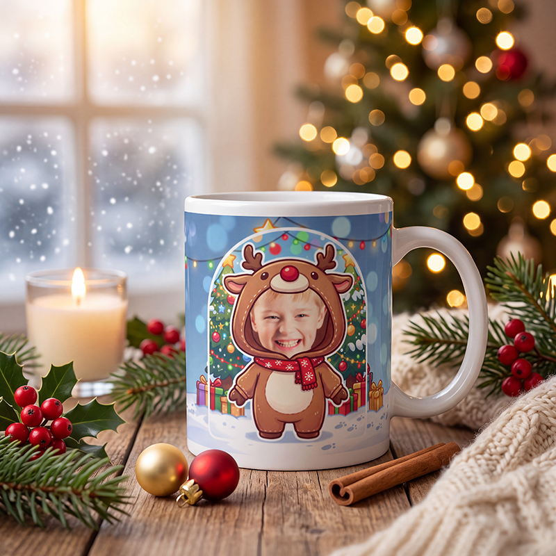 Personalized reindeer mug on a wooden table with a lit Christmas tree and a frosted window behind