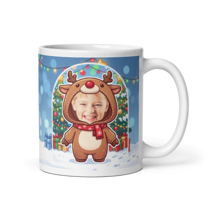 Reindeer photo mug with the handle on the right, face printed on the front