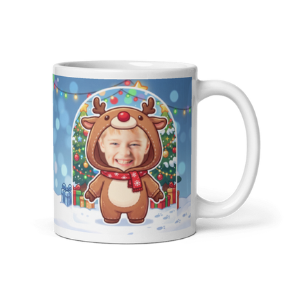 Reindeer photo mug with the handle on the right, face printed on the front