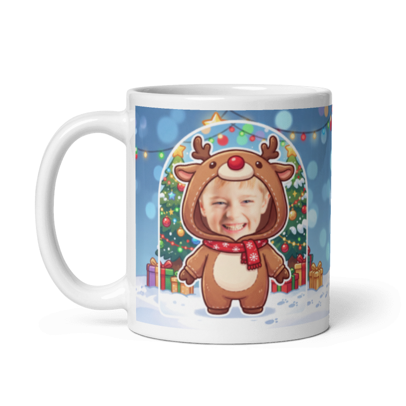 The same reindeer mug with the handle on the left, face still showing