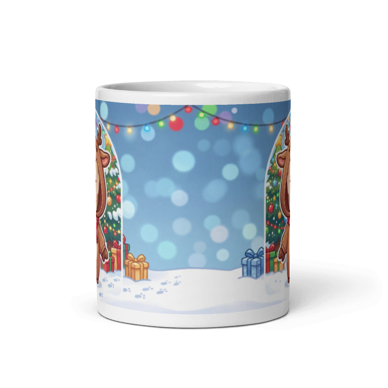 Back of the reindeer mug showing the wraparound snowy scene with string lights