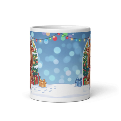 Back of the reindeer mug showing the wraparound snowy scene with string lights