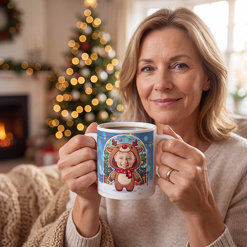Reindeer photo mug held in both hands to show the size