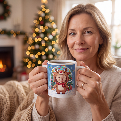 Reindeer photo mug held in both hands to show the size