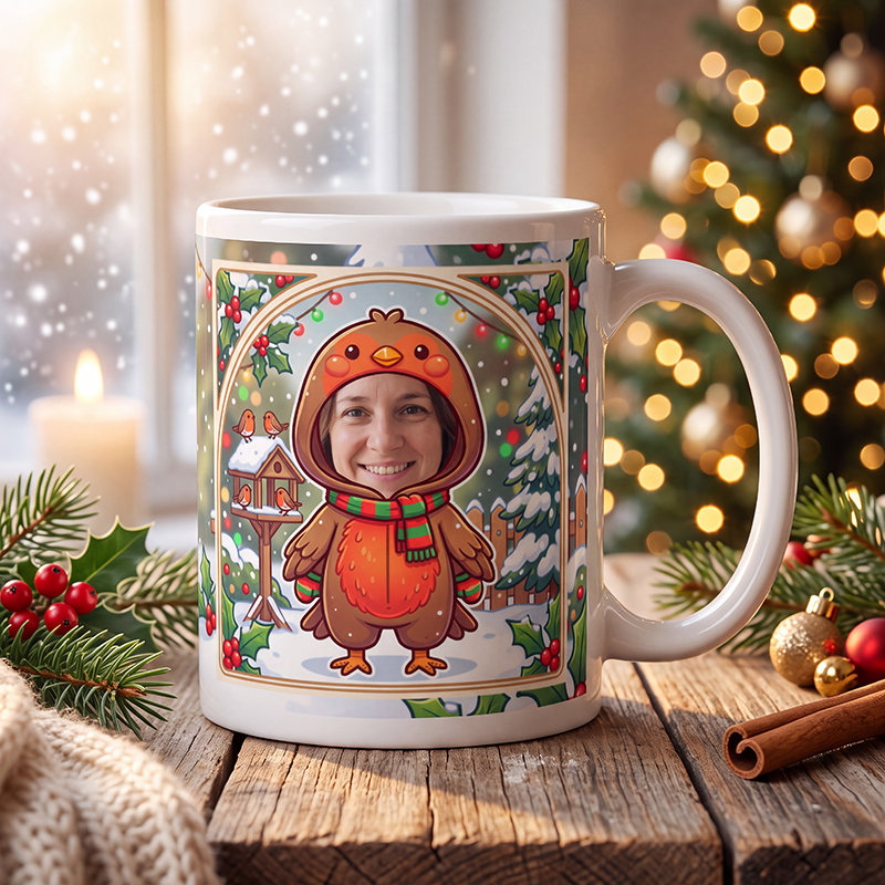 Personalized robin mug on a wooden table with a lit Christmas tree and a frosted window behind