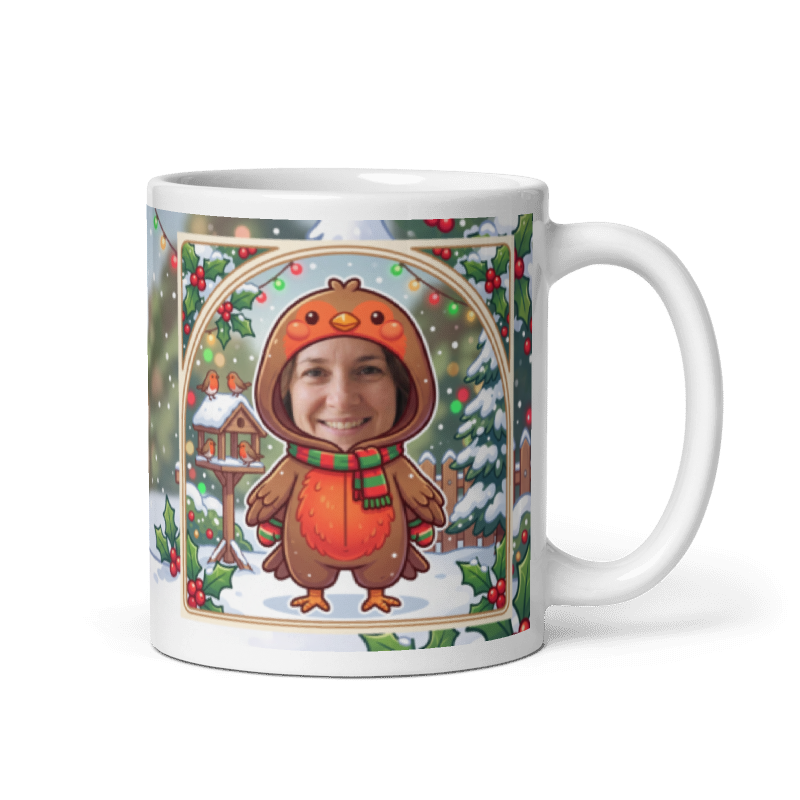 Robin photo mug with the handle on the right, face printed on the front