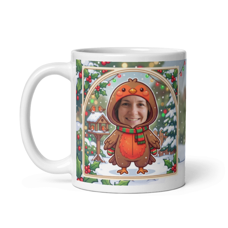 The same robin mug with the handle on the left, face still showing