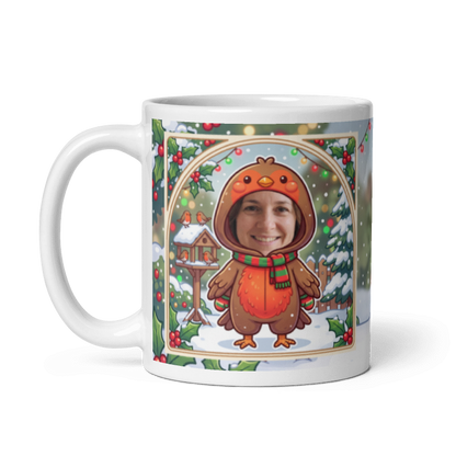 The same robin mug with the handle on the left, face still showing