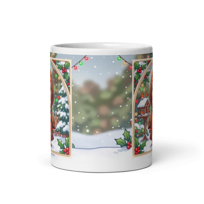 Back of the robin mug showing the wraparound snowy village scene