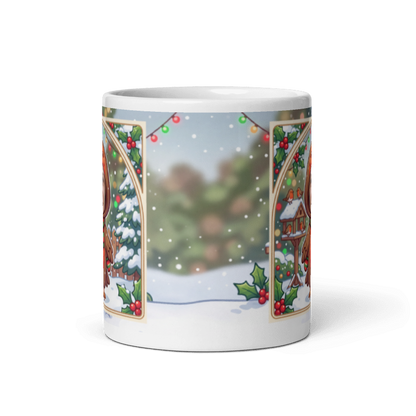 Back of the robin mug showing the wraparound snowy village scene