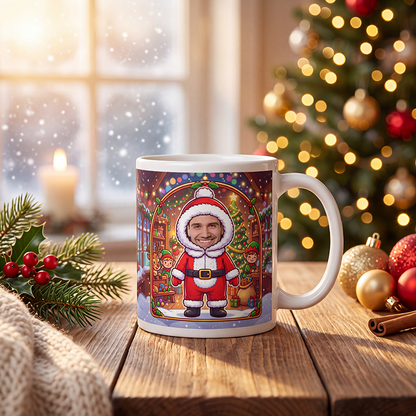 Personalized Santa mug on a wooden table with a lit Christmas tree and a frosted window behind