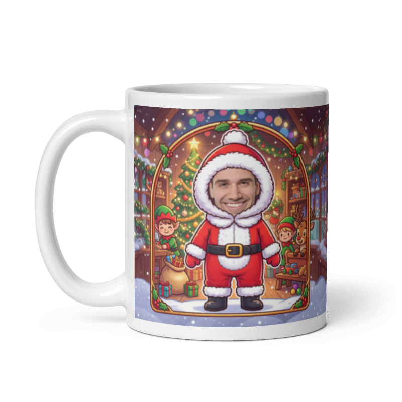 The same Santa mug with the handle on the left, face still showing