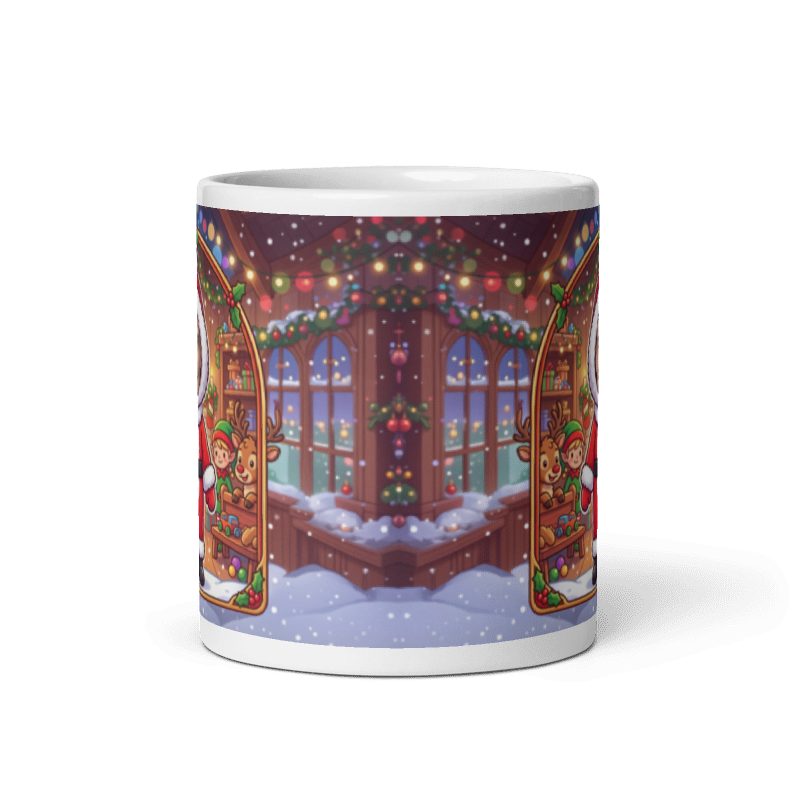 Back of the Santa mug showing the wraparound Christmas shop front scene