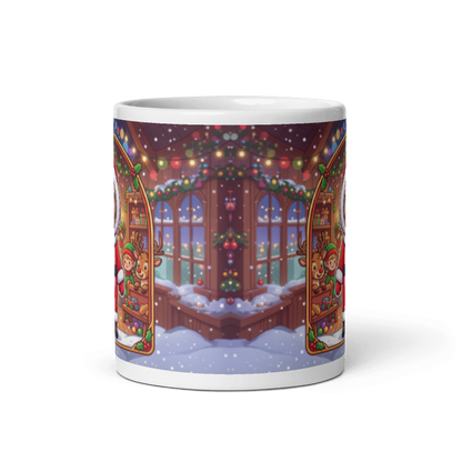 Back of the Santa mug showing the wraparound Christmas shop front scene