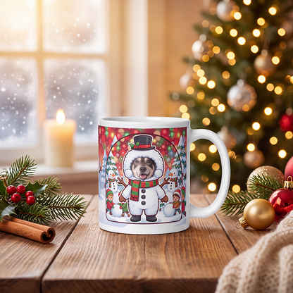 Personalized snowman mug on a wooden table with a lit Christmas tree and a frosted window behind