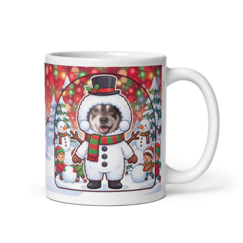 Snowman photo mug with the handle on the right, the face printed on the front