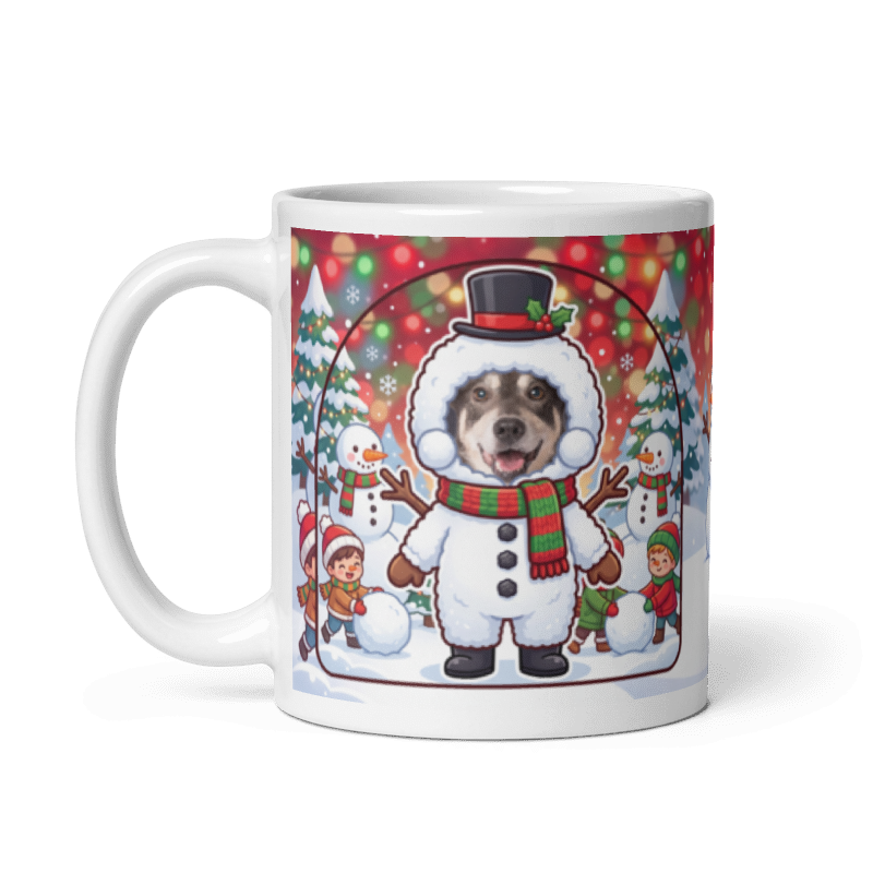 The same snowman mug with the handle on the left, the face still showing