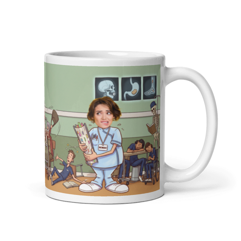 Student nurse photo mug with the handle on the right, a real face printed on the cartoon student buried in paperwork