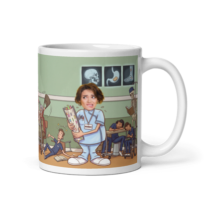 Student nurse photo mug with the handle on the right, a real face printed on the cartoon student buried in paperwork