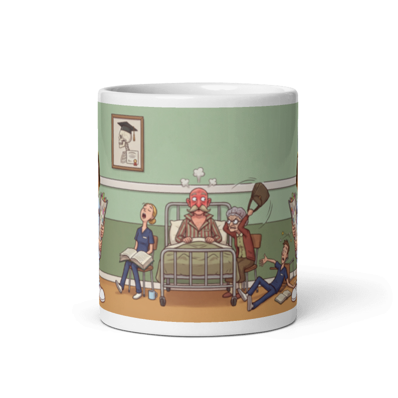 Back of the student nurse mug showing the wraparound ward scene with a patient getting a handbag round the head