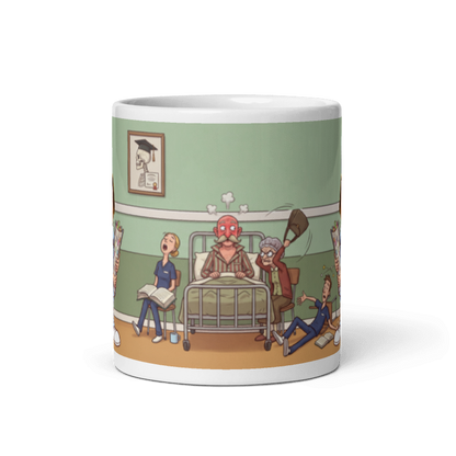 Back of the student nurse mug showing the wraparound ward scene with a patient getting a handbag round the head