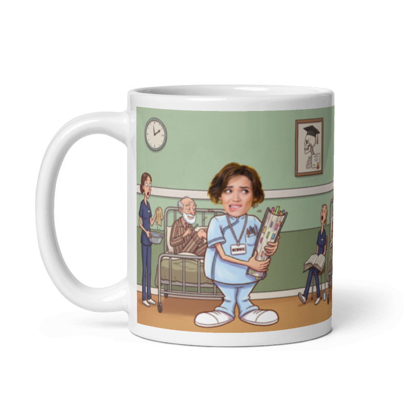The same student nurse mug with the handle on the left, the face still showing on the student
