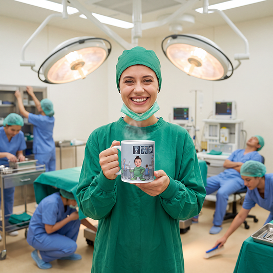 Surgeon in green scrubs holding the personalized surgeon photo mug in a busy operating theatre