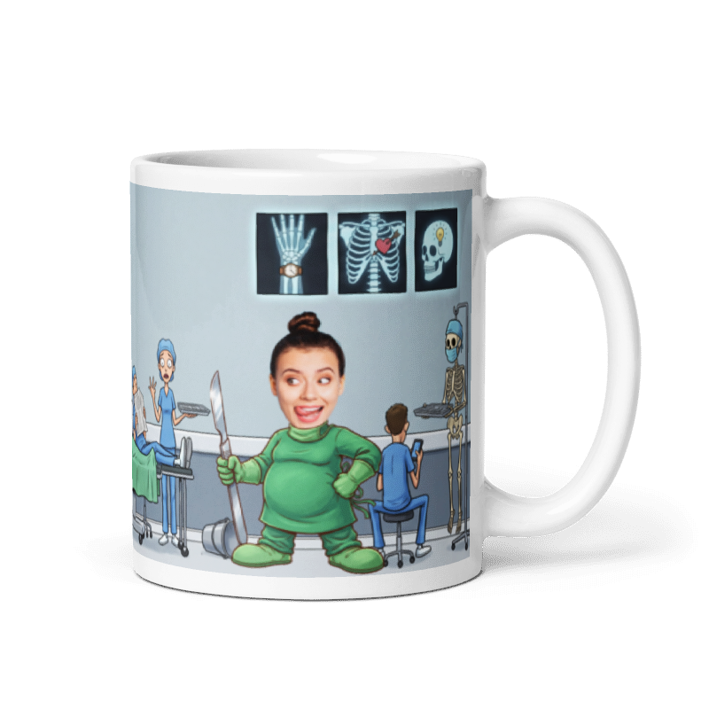 Surgeon photo mug with the handle on the right, a real face printed on the cartoon surgeon holding a giant scalpel